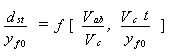 Equation 53. The unsteady scour depth at any time (T) divided by the normal depth in the floodplain equals the function of each of the following two terms. The first term is the quotient that results from dividing the maximum resultant velocity near the upstream corner of the abutment face by the critical velocity for initiation of motion. The second term is the quotient that results from division of the following parts. The numerator consists of the critical velocity for initiation of motion multiplied by the time since the beginning of scour. The denominator is the normal depth in the floodplain.