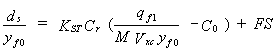 Equation 56. The local scour depth divided by the normal depth in the floodplain equals the factor of safety, which is recommended to be 1.0, plus the product that results from the following multiplication of three terms. The first term is the spill-through abutment shape factor from equation 57 below. The second term is the best coefficient in proposed scour formula, valued here at 8.14. The third term is the following quotient minus the best fit constant in proposed scour formula, valued here at 0.40. The quotient results from dividing the flow rate per unit width in the approach floodplain (constricted) by the product that results from multiplying the discharge distribution factor in approach section by V sub XC by the normal depth in the floodplain. It should be noted that V sub XC equals the critical velocity for unconstricted floodplain depth of uniform flow for abutments located on the floodplain and equals the critical velocity for the unconstricted depth in the main channel for abutments near the bank of the main channel.