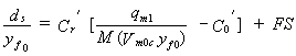 Equation 58. The local scour depth divided by the normal depth in the floodplain equals the factor of safety, valued here as 1.0, plus the product that results from the following multiplication of two terms. The first term is the best fit coefficient in the proposed scour formula, valued here at 2.0.The second term is the following quotient minus the best fit constant in the proposed scour formula, valued here at 0.47. The quotient has as its numerator the flow rate per unit width in the approach main channel at the beginning of scour, defined here as the mean velocity multiplied by the depth, respectively in the approach main channel. The quotient has as its denominator the product that results from multiplying the critical velocity for the unconstricted depth in the main channel by the normal depth in the floodplain. This product is then multiplied by the discharge distribution factor in approach section.