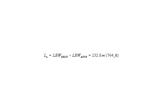 Equation 60. For the constricted case, the abutment length equals the left edge of water for the bridge minus the left edge of water for the approach (APPR) section, which is equal to 232.8 meters.