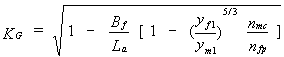 Equation 7. The channel geometric factor in the Melville scour formula equals the square root of all the following: 1 minus the quotient of the width of floodplain divided by the abutment length extending into the main channel. This result is then multiplied by the result of 1 minus the product of the following two terms. The first term is the quotient of the depth of flow in floodplain divided by the depth of flow in the main channel. This quotient is then raised to the power of five-thirds. The second term is the quotient that results from dividing Manning's N in the main channel by Manning's N in the floodplain.