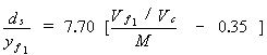 Equation 8. The equilibrium scour depth divided by the approach floodplain flow depth equals 7.70 multiplied by the following quotient minus 0.35. The numerator of the quotient is the approach floodplain flow velocity divided by the critical velocity. The denominator of the quotient is the discharge contraction ratio.