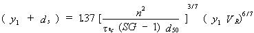 Equation 9. The approach depth in meters plus the scour depth in meters equals 1.37 multiplied by the following two terms. The first term is a quotient that results from the square of Manning's resistance factor divided by a numerator that consists of the critical value of Shields' parameter multiplied by the median particle size in meters multiplied by the result of the specific gravity of sediment minus 1. This quotient is then raised to the power of three-sevenths. The second term is the product of the approach depth in meters multiplied by the resultant velocity adjacent to the tip of the abutment in meters per second, then raised to the power of six-sevenths.