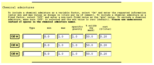 Figure C-5. Third section of “Mixture Factors...” input form (chemical admixtures section). Picture. This figure shows a continuation of the third section of the mixture factors input form, in which chemical admixture information is entered. This section has three rows and six columns of text input boxes. The columns are labeled “Type,” “min,” “max,” “specific gravity,” “percent solids by mass,” and “cost (dollars per liter).” On the left of the “Type” column is an on/off selection button for each row. Detailed instructions for filling in this section are provided in the text of the user's guide.