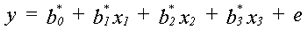 Equation 1. Lowercase Y, which is the response of interest, equals lowercase B superscript asterisk subscript 0, plus lowercase B superscript asterisk subscript 1 times lowercase X subscript 1, plus lowercase B superscript asterisk subscript 2 times lowercase X subscript 2, plus lowercase B superscript asterisk subscript 3 times lowercase X subscript 3, plus lowercase E.