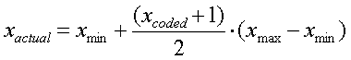 Equation 5. Lowercase X subscript actual equals lowercase X subscript min plus the quotient of the sum of lowercase X subscript coded plus 1, divided by 2, times the result of lowercase X subscript max minus lowercase X subscript min.