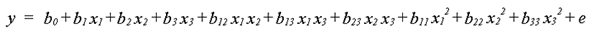 Equation 6. Lowercase Y equals lowercase B subscript 0, plus lowercase B subscript 1 times lowercase X subscript 1, plus lowercase B subscript 2 times lowercase X subscript 2, plus lowercase B subscript 3 times lowercase X subscript 3, plus lowercase B subscript 12 times lowercase X subscript 1 times lowercase X subscript 2, plus lowercase B subscript 13 times lowercase X subscript 1 times lowercase X subscript 3, plus lowercase B subscript 23 times lowercase X subscript 2 times lowercase X subscript 3, plus lowercase B subscript 11 times lowercase X squared subscript 1, plus lowercase B subscript 22 times lowercase X squared subscript 2, plus lowercase B subscript 33 times lowercase X squared subscript 3, plus lowercase E.