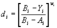 Equation 9. Lowercase D subscript lowercase I equals the quotient of the result of B subscript lowercase I minus Y subscript lowercase I, divided by the result of B subscript lowercase I minus A subscript lowercase I, all raised to the power of lowercase W subscript lowercase I.