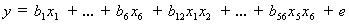Equation 10. Lowercase Y equals lowercase B subscript 1 times lowercase X subscript 1, plus continuing in the series through lowercase B subscript 6 times lowercase X subscript 6, plus lowercase B subscript 12 times lowercase X subscript 1 times lowercase X subscript 2, plus continuing in the series through lowercase B subscript 56 times lowercase X subscript 5 times lowercase X subscript 6, plus lowercase E.