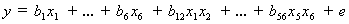 Equation 10. Lowercase Y equals lowercase B subscript 1 times lowercase X subscript 1, plus continuing in the series through lowercase B subscript 6 times lowercase X subscript 6, plus lowercase B subscript 12 times lowercase X subscript 1 times lowercase X subscript 2, plus continuing in the series through lowercase B subscript 56 times lowercase X subscript 5 times lowercase X subscript 6, plus lowercase E.