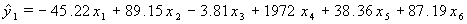 Equation 11. Lowercase Y tophat subscript 1 equals negative 45.22 times lowercase X subscript 1, plus 89.15 times lowercase X subscript 2, minus 3.81 times lowercase X subscript 3, plus 1,972 times lowercase X subscript 4, plus 38.86 times lowercase X subscript 5, plus 87.19 times lowercase X subscript 6.