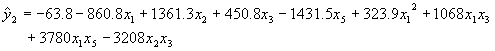 Equation 17. Lowercase Y tophat subscript 2 equals negative 63.8 minus 860.8 times lowercase X subscript 1, plus 1,361.3 times lowercase X subscript 2, plus 450.8 times lowercase X subscript 3, minus 1,431.5 times lowercase X subscript 5, plus 323.9 times lowercase X subscript 1 squared, plus 1,068 times lowercase X subscript 1 times lowercase X subscript 3, plus 3,780 times lowercase X subscript 1 times lowercase X subscript 5, minus 3,208 times lowercase X subscript 2 times lowercase X subscript 3.