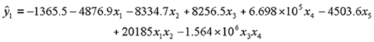 Equation 18. Lowercase Y tophat subscript 1 equals negative 1,365.5 minus 4,876.9 times lowercase X subscript 1, minus 8,334.7 times lowercase X subscript 2, plus 8,256.5 times lowercase X subscript 3, plus 6.698 times 10 to the fifth power times lowercase X subscript 4, minus 4,503.6 times lowercase X subscript 5, plus 20,185 times lowercase X subscript 1 times lowercase X subscript 2, minus 1.564 times 10 to the sixth power times lowercase X subscript 3 times lowercase X subscript 4.