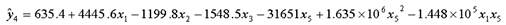 Equation 20. Lowercase Y tophat subscript 4 equals 635.4 plus 4,445.6 times lowercase X subscript 1, minus 1,199.8 times lowercase X subscript 2, minus 1,548.5 times lowercase X subscript 3, minus 31,651 times lowercase X subscript 5, plus 1.635 times 10 to the sixth power times lowercase X subscript 5 squared, minus 1.448 times 10 to the fifth power times lowercase X subscript 1 times lowercase X subscript 5.