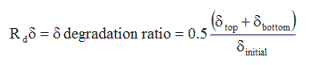 R subscript d delta equals delta degradation ratio equals 0.5 (delta subscript top  plus delta subscript bottom) over delta subscript initial