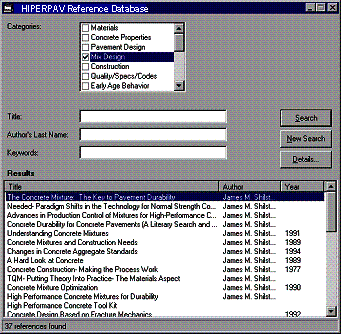 Figure 2.  Screen Shot.  Microsoft Windows screen capture of database search tool.  Screen shot depicts the HIPERPAV Reference Database.  Mix Design is checked under Categories.  Title, Author's Last Name, and Keywords were left blank.  The Results (Title, Author, Year) shows part of the 37 references found.