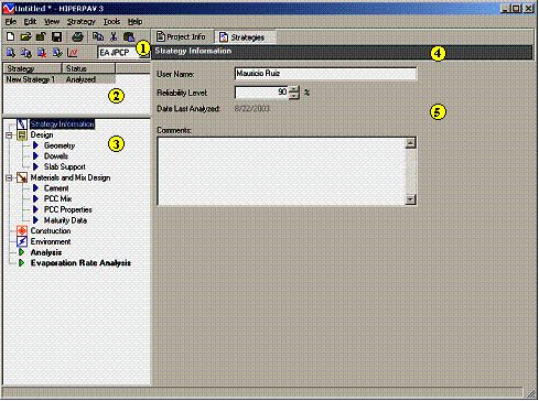 Figure 20.  Screen Shot.  Screenshot of interface for HIPERPAV II.  Screen shot depicts an example of how HIPERPAV II may work.  The five key features of the interface are circled by yellow circles and are described below: 1.	This is the analysis type dropdown menu.  Each project (file) contains only one type of analysis except for long-term JPCP projects, which also contain early-age analyses.  This dropdown identifies the type of analysis for the current project.  For long-term JPCP projects, there will be two options: early-age JPCP and long-term JPCP.  This allows the user to switch between the two analysis types. 2.	This is the strategy list.  HIPERPAV II is strategy-based.  All of the strategies are listed here.  The highlighted strategy will have its data shown in the right panel (number 5).  The user can rename the strategies, as well. 3.	The TreeView displays all of the sections or components that make up each strategy (inputs and analyses).  Three different input categories are differentiated with icons for graphical recognition. 4.	The location bar shows where the user is located.  In this case, strategy information is shown, which is the same as the highlighted item in the TreeView. 5. The data panel displays the inputs or outputs for the current strategy.