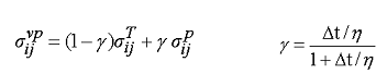 Figure 100. Equation. Viscoplastic stress, sigma subscript lowercase IJ superscript lowercase VP. Sigma subscript lowercase IJ superscript lowercase VP equals the quantity 1 minus gamma, times sigma subscript lowercase IJ superscript T plus gamma times sigma subscript lowercase IJ superscript P, where gamma equals delta lowercase T divided by eta, divided by the quantity of 1 plus delta lowercase T divided by eta. 