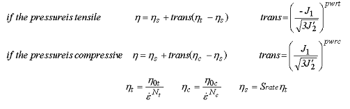 Figure 101. Equation. Variation of fluidity parameter eta in tension and compression. If the pressure is tensile, meaning J subscript 1 is less than 0, then eta equals eta subscript lowercase S plus parameter trans times the difference between eta subscript lowercase T and eta subscript lowercase S, where parameter trans equals the negative J subscript 1 divided by the square root of the quantity 3 times J prime subscript 2, all to the power of parameter pwrt. If the pressure is compressive, meaning J subscript 1 is less than 0, then eta equals eta subscript lowercase S plus parameter trans times the difference between eta subscript lowercase C and eta subscript lowercase S, where parameter trans equals the positive J subscript 1 divided by the square root of the quantity 3 times J prime subscript 2, all to the power of parameter pwrc. Here, Eta subscript lowercase T equals eta subscript 0 lowercase T, divided by dot epsilon to the power of lowercase N subscript lowercase T. Eta subscript lowercase C equals eta subscript 0 lowercase C, divided by dot epsilon to the power of lowercase N subscript lowercase C. Eta subscript lowercase S equals parameter Srate times eta subscript lowercase T.