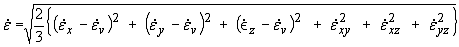 Figure 102. Equation. Definition of effective strain rate. Dot epsilon equals the square root of two-thirds of a quantity. The quantity is the sum of six terms. Term 1 is dot epsilon subscript lowercase X minus dot epsilon subscript lowercase V, all to the power of 2. Term 2 is dot epsilon subscript lowercase Y minus dot epsilon subscript lowercase V, all to the power of 2. Term 3 is dot epsilon subscript lowercase Z minus dot epsilon subscript lowercase V, all to the power of 2. Term 4 is the square of dot epsilon subscript lowercase XY. Term 5 is the square of dot epsilon subscript lowercase XZ. Term 5 is the square of dot epsilon subscript lowercase YZ.