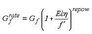 Figure 104. Equation. Fracture energy with rate effects G subscript lowercase F superscript rate. G subscript lowercase F superscript rate equals G subscript lowercase F times a quantity to the power of repow. The quantity is E times dot epsilon times eta, divided by lowercase F prime, all plus 1.
