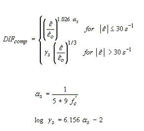 Figure 115. Equation. CEB compressive strength dynamic increase factor, DIF subscript comp. DIF subscript comp equals one of two values. The first value is dot epsilon divided by dot epsilon subscript 0, all to the power of 1.026 times alpha subscript lowercase S, for the absolute value of dot epsilon less than or equal to 30 seconds to the minus 1. The second value is gamma subscript lowercase S, times the quantity dot epsilon divided by dot epsilon subscript 0, the quantity to the one-third power, for the absolute value of dot epsilon greater than 30 seconds to the minus 1. With alpha subscript lowercase S equals 1 divided by the quantity 5 plus 9 times lowercase F prime subscript lowercase C, and the logarithm to the base 10 of gamma subscript lowercase s equals 6.156 times alpha subscript lowercase S minus 2.