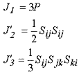 Figure 17. Equation. Stress invariant J subscript 1, J prime subscript 2, and J prime subscript 3. The first invariant of the stress factor J subscript 1 is equal the product of three and P. The second invariant of the deviatoric stress tensor J prime subscript 2 is equal to the product of one-half, the deviatoric stress tensor S subscript lowercase IJ, and the deviatoric stress tensor S subscript lowercase IJ. The third invariant of the deviatoric stress tensor J prime subscript 3 is equal to the product of one-third, the deviatoric stress tensor S subscript lowercase IJ, the deviatoric stress tensor S subscript lowercase JK, and the deviatoric stress tensor S subscript lowercase KI.