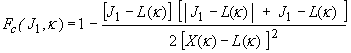 Figure 23. Equation. Cap failure surface function F subscript lowercase C. The hardening cap surface F subscript lowercase C as a function of J subscript 1 and kappa, is equal to one minus the quotient of the product of the first invariant of the stress tensor minus the element length L as a function of kappa K and the absolute value of the first invariant of the stress tensor J subscript 1 minus the element length L as a function of kappa K, all plus the first invariant of the stress tensor J subscript 1 minus the element length L as a function of kappa K, all over the product of 2 and the squared difference of the current cap location as a function of kappa K minus the element length L as a function of kappa K.