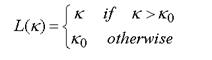 Figure 24. Equation. L of kappa. The element length L as a function of kappa K is equal to the piecewise function where the function is equal to kappa K when kappa K is greater than kappa not K subscript 0, and equal to kappa not K subscript 0 otherwise.