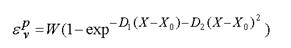 Figure 27. Equation. Plastic volume strain epsilon superscript lowercase P subscript lowercase V. The plastic volumetric strain epsilon superscript lowercase P subscript lowercase V is equal to the product of the maximum plastic volume strain W and the quantity of one minus the exponential function to the power of the difference between the product of the negative cap linear parameter D subscript 1 and the quantity of the difference between the current cap location X minus the initial cap location X subscript 0 all minus the product of the quadratic shape parameter and the squared quantity of the difference between the current cap location X minus the initial cap location X subscript 0. 