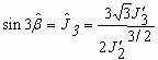 Figure 29. Equation. Angle beta hat in deviatoric plane. The sine of three times the angle in deviatoric plane beta hat is equal to J hat subscript 3, which is equal to the quotient of the product of 3, the square root of 3, and the third invariate of the deviatoric stress tensor J prime subscript 3 all over the product of 2 and the second invariant of the deviatoric stress tensor raised to the power of 3 halves.