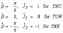 Figure 30. Equation. Relationship between beta hat and J hat. The angle in deviatoric plane beta hat is equal to the quotient of pi over 6, when the third invariant of the deviatoric stress tensor is equal to 1, for TXC. The angle in deviatoric plane beta hat is equal to 0, when the third invariant of the deviatoric stress tensor is equal to 0, for TOR. The angle in deviatoric plane beta hat is equal the quotient of negative pi over 6, when the third invariant of the deviatoric stress tensor is equal to negative 1, for TXE.