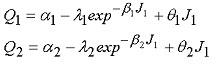 Figure 32. Equation. Most general form for Q subscript 1 and Q subscript 2. The Rubin scaling torsion function Q subscript 1 is equal to the shear surface torsion constant alpha subscript one minus the product of lambda subscript one and the exponential function of the product of negative beta subscript 1 and J subscript 1, all added to the product of theta and J subscript 1. The Rubin scaling triaxial extension function Q subscript 2 is equal alpha subscript 2 minus the product of lambda subscript 2 and the exponential function of the product of negative beta subscript 2 and J subscript 1, all added to the product of theta subscript 2 and J subscript 1.