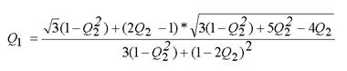 Figure 34. Equation. Willam-Warnke form for Q subscript 1. The Rubin scaling torsion function Q subscript 1 is equal to the quotient of sum of the product of the square root of three and the quantity 1 minus the square of the Rubin scaling triaxial extension function Q subscript 2, added to the product of the quantity of the product of 2 and the Rubin scaling triaxial extension function Q subscript 2 minus 1 and the square root of the sum of the product of 3 and the quantity of 1 minus the square of the Rubin scaling triaxial extension function Q subscript 2, added to the product of 5 and the square of the Rubin scaling triaxial extension function minus the product of 4 and the Rubin triaxial extension function, all over the sum of the product of 3 and the squared quantity of 1 minus the square of the Rubin scaling triaxial extension function Q subscript 2 added to the squared quantity of 1 minus the product of 2 and the Rubin triaxial extension function.