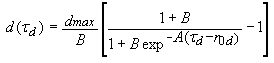 Figure 42. Equation. Ductile damage small D of tau. Lowercase D of tau is equal to the product of the quotient of dmax over B and the quantity of the quotient of the sum of 1 and B all over the sum of 1 and the product of B and the exponential of negative A times left parenthesis tau minus small lowercase R subscript 0 right parentheses.