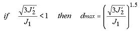 Figure 43. Equation. Variation of dmax with stress invariant ratio. If the quotient of the square root of the product of 3 and the second invariant of the deviatoric stress tensor J prime subscript 2 all over the first invariant of the stress tensor J subscript one end is less than 1, then dmax is equal to the quantity raised to the power of 1.5 of the quotient of the square root of the product of 3 and the second invariant of the deviatoric stress tensor J prime subscript 2 over the first invariant of the deviatoric stress tensor J subscript 1.