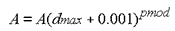 Figure 46. Equation. Reduction of A with confinement. The softening parameter A is equal to the product of A and the quantity superscript pmod of the sum of dmax and 0.001. 