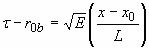 Figure 49. Equation. Brittle damage threshold difference tau minus small R subscript 0 lowercase B. Tau minus the general initial damage threshold small lowercase R subscript 0 is equal to the product of the square root of Young’s general modulus E and the quantity of the quotient of the instantaneous displacement X minus the instantaneous displacement at peak strength X subscript 0, all over the element length L. 