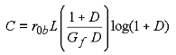 Figure 50. Equation. Brittle softening parameter C. C is equal to the product of small lowercase R subscript lowercase B and 0, the element length L, the quantity of the quotient of the sum of 1 and the softening parameter D all over the product of G subscript lowercase F and the softening parameter D, times the log of the quantity of the sum of one and D.