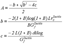 Figure 53. Equation. Ductile softening parameter A. A equals negative lowercase B plus the square root of lowercase B squared minus 4 times lowercase C, all divided by 2. Lowercase B equals the numerator negative 2 times the quantity 1 plus B times the log of 1 of B times L times tau subscript 0 superscript Ductile, all divided by the denominator B times G subscript lowercase F superscript Ductile. Lowercase C equals negative 2 times L times the quantity 1 plus B times symbol dilog, all divided by G subscript lowercase F superscript Ductile.