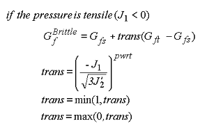 Figure 54. Equation. Brittle damage threshold G subscript lowercase F superscript Brittle. If the pressure is tensile, meaning J subscript 1 is less than 0, then G subscript lowercase F superscript Brittle equals G subscript lowercase F and lowercase S plus parameter trans times the difference between G subscript lowercase FT and G subscript lowercase FS, where parameter trans equals the negative J subscript 1 divided by the square root of the quantity 3 times J prime subscript 2, all to the power of parameter pwrt. The parameter trans is limited to the minimum of 1 or trans. The parameter trans is also limited to the maximum of 0 or trans.