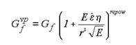 Figure 56. Equation. The fracture energy with rate effects, G subscript lowercase F superscript lowercase VP. G subscript lowercase F superscript lowercase VP equals G subscript lowercase F times a quantity to the power of repow. The quantity is E times dot epsilon times eta, divided by small lowercase R superscript s times the square root of E, all plus 1.