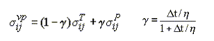Figure 59. Equation. Viscoplastic stress update for sigma subscript lowercase IJ superscript lowercase VP. Sigma subscript lowercase IJ superscript lowercase VP equals the quantity 1 minus gamma, times sigma subscript lowercase IJ superscript T plus gamma times sigma subscript lowercase IJ superscript P, where gamma equals delta lowercase T divided by eta, all divided by the quantity of 1 plus delta lowercase T divided by eta.