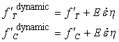 Figure 61. Equation. Dynamics strengths, lowercase F prime subscript T superscript dynamic and lowercase F prime subscript C superscript dynamic. Lowercase F prime subscript T superscript dynamic equals lowercase F prime subscript T plus E times dot epsilon times eta. Lowercase F prime subscript C superscript dynamic equals lowercase F prime subscript C plus E times dot epsilon times eta.