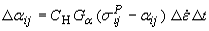 Figure 69 Equation. Incremental back stress, delta alpha subscript lowercase IJ. Delta alpha subscript lowercase IJ equals C subscript H times G subscript alpha times the difference between sigma subscript lowercase IJ superscript P minus alpha subscript lowercase IJ times delta dot epsilon times delta lowercase T.