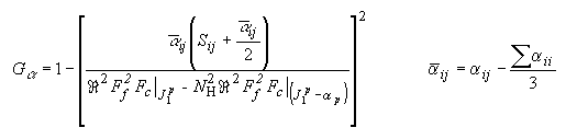 Figure 72. Equation. The limiting function G subscript alpha. G subscript alpha equals 1 minus the square of a numerator divided by a denominator. The numerator is bar alpha subscript lowercase IJ times the quantity left parenthesis S subscript lowercase IJ plus bar alpha subscript lowercase IJ divided by 2 right parentheses. The denominator is the square of the Rubin function R, times the square of F subscript lowercase F, times F subscript lowercase C, all evaluated at J subscript 1 superscript P, minus the quantity the square of N subscript H, times the square of the Rubin Function R, times the square of F subscript lowercase F, times F subscript lowercase C, all evaluated at the difference between J subscript 1 superscript P minus alpha subscript lowercase P. With bar alpha subscript lowercase IJ equals alpha subscript lowercase IJ minus the summation of alpha subscript lowercase IJ from1 to 3, with the summation divided by 3.