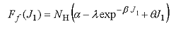 Figure 73. Equation. Modified shear failure surface F subscript lowercase F. F subscript lowercase F as a function of J subscript 1 equals N subscript H times the quantity, left parenthesis alpha minus lambda times the exponential of negative beta times J subscript 1, plus theta times J subscript 1 right parenthesis.