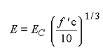 Figure 74. Equation. Default Young’s modulus E. E equals E subscript C times the quantity raised to the one-third power of lowercase F prime subscript lowercase C divided by 10.