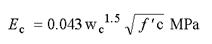 Figure 76. Equation. ACI Young’s modulus, E subscript lowercase C. E subscript lowercase C equals 0.043 times lowercase W subscript lowercase C superscript 1.5 times the square root of lowercase F prime subscript lowercase C, in units of megapascals.