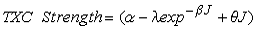 Figure 78. Equation. TXC strength. TXC Strength equals alpha minus lambda times the exponential of negative beta times J, plus theta times J subscript.